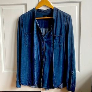 Sweet blue denim blouse with tie-neck